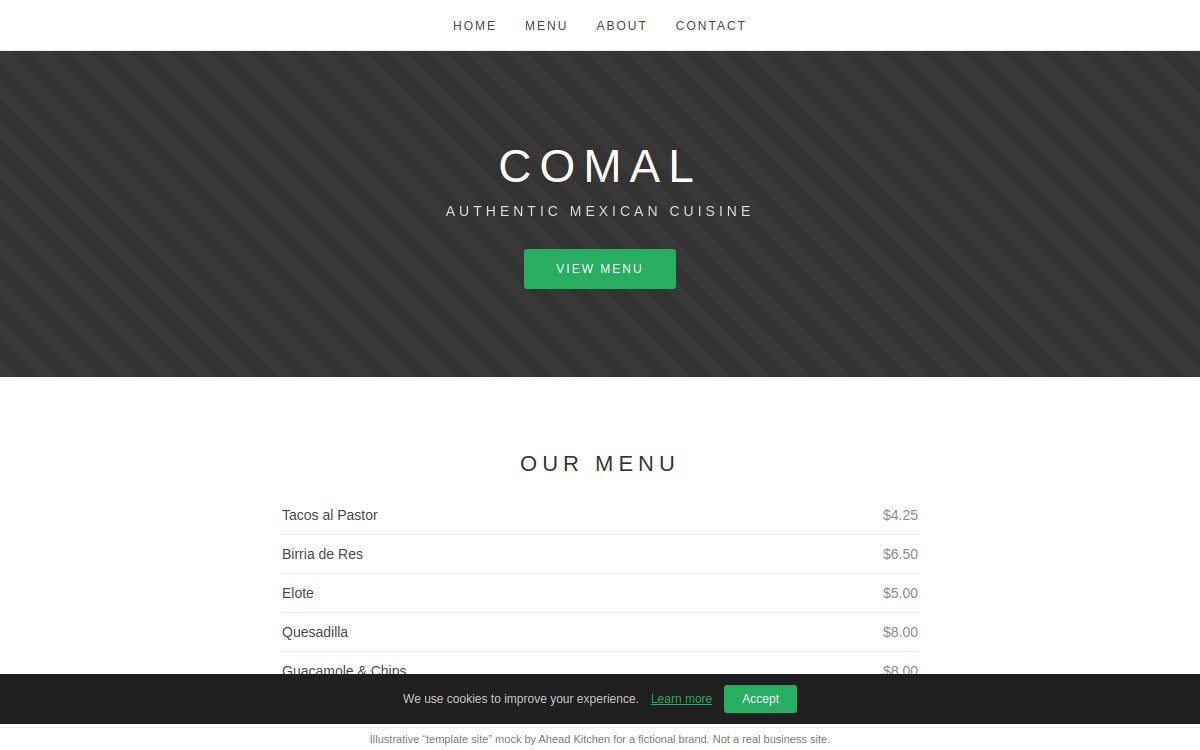 A generic template-builder restaurant site: gray stock hero, View Menu PDF button, cookie banner