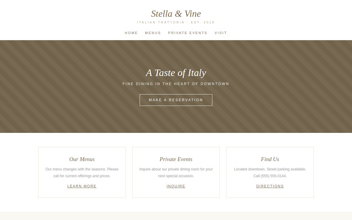 A generic template trattoria site: beige stock hero, call for current offerings