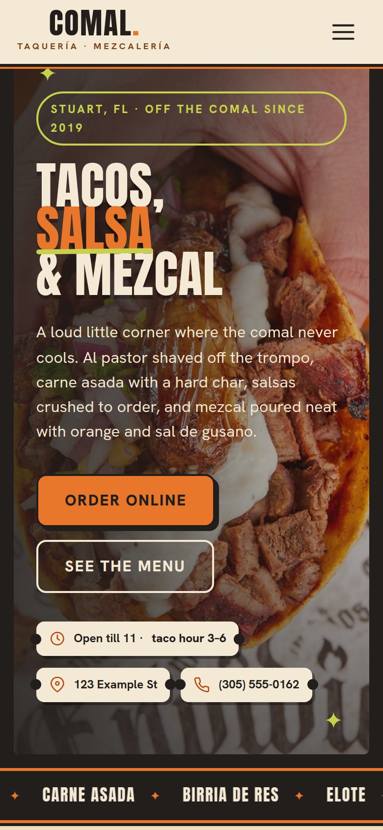 Comal rebuilt by Ahead Kitchen: poster hero, menu and ordering on screen