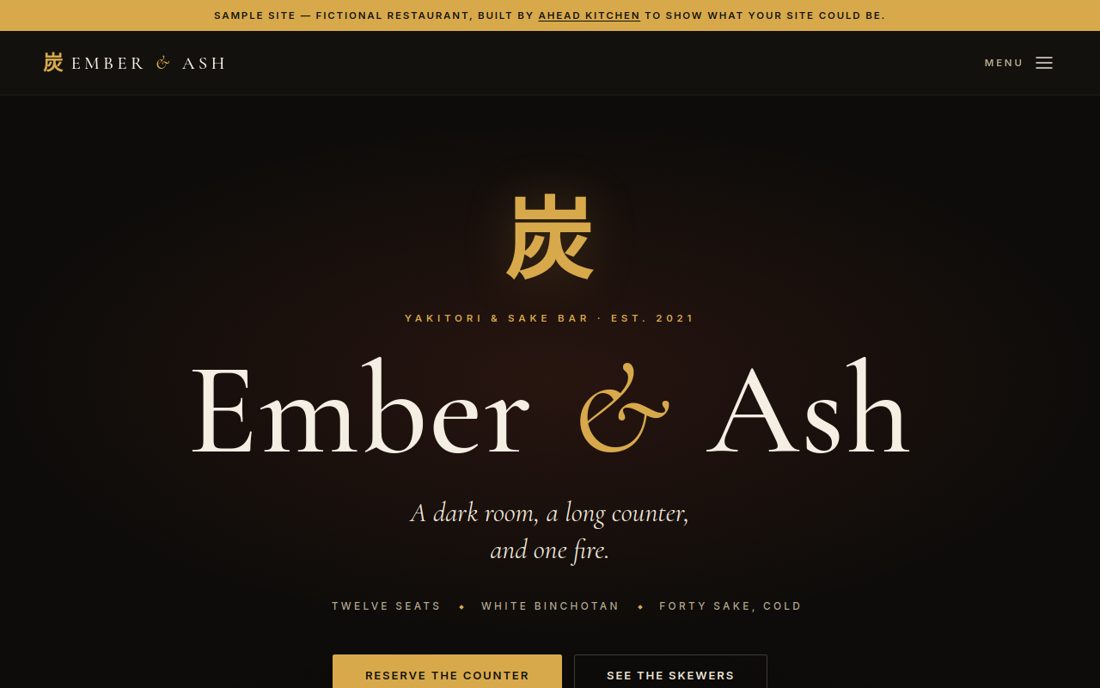 Ember & Ash website — yakitori and sake bar