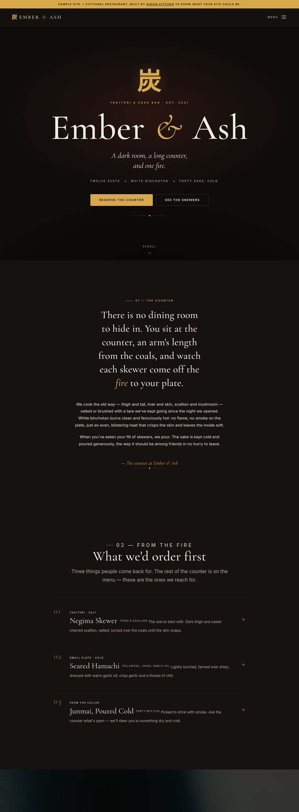 Ember & Ash — full website, a yakitori and sake bar