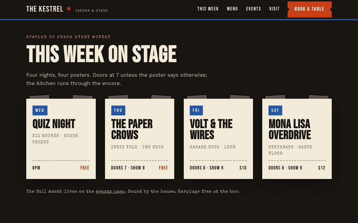 The Kestrel, tavern and live-music stage, desktop site