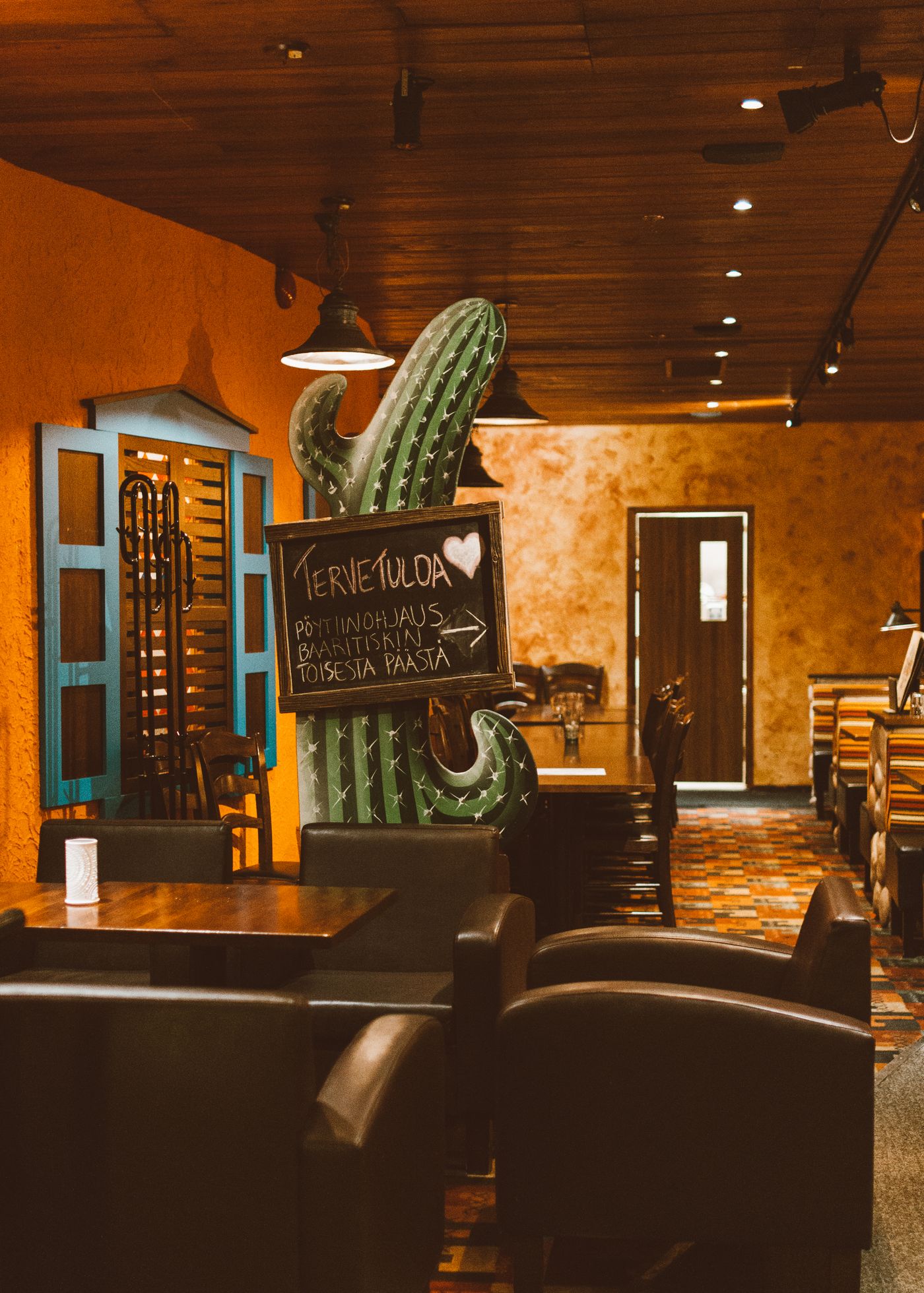 A warm cafe interior with cactus decor and wood tables