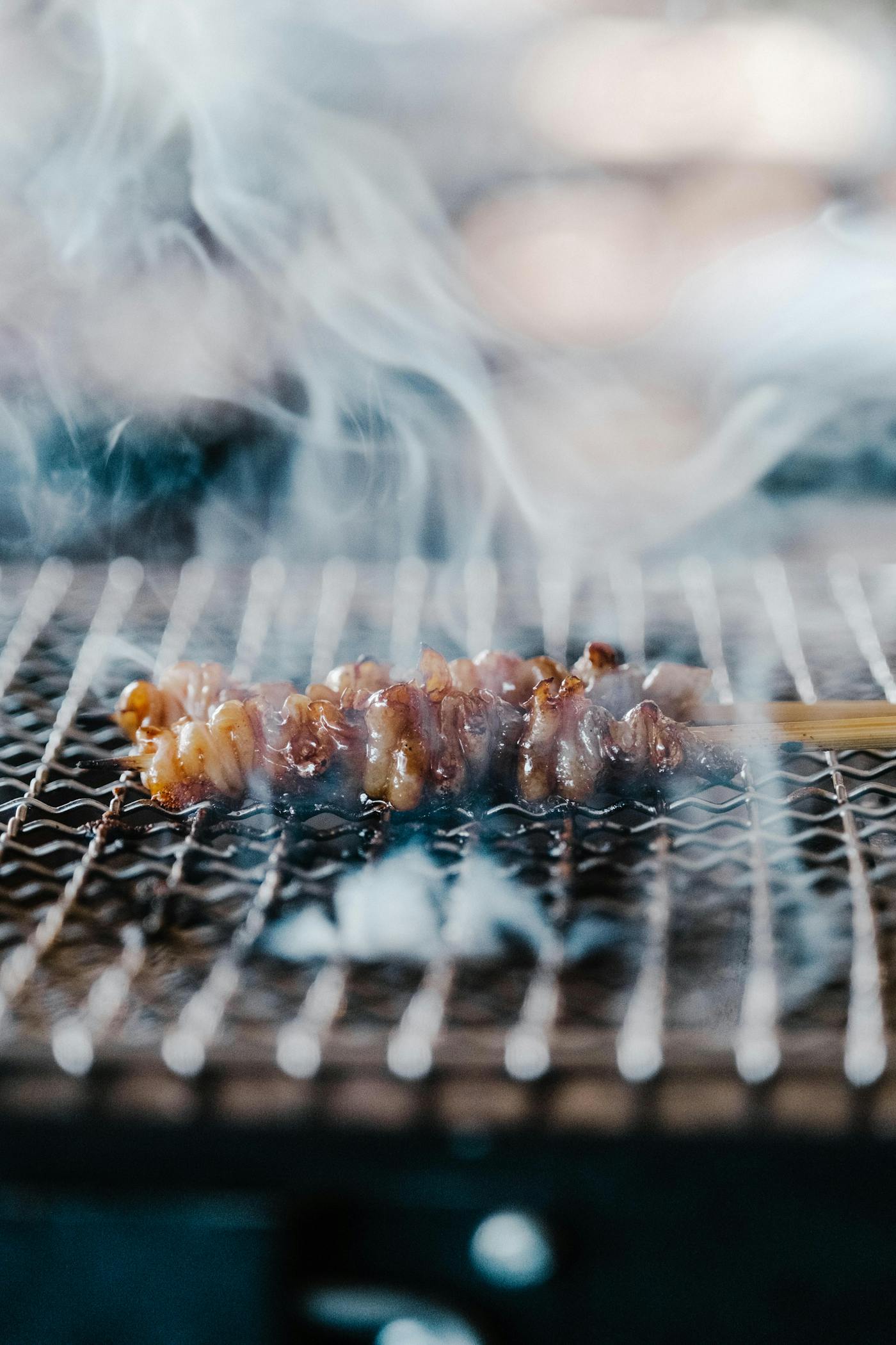 A single chicken skewer grilling over glowing white binchotan charcoal with a thread of smoke rising