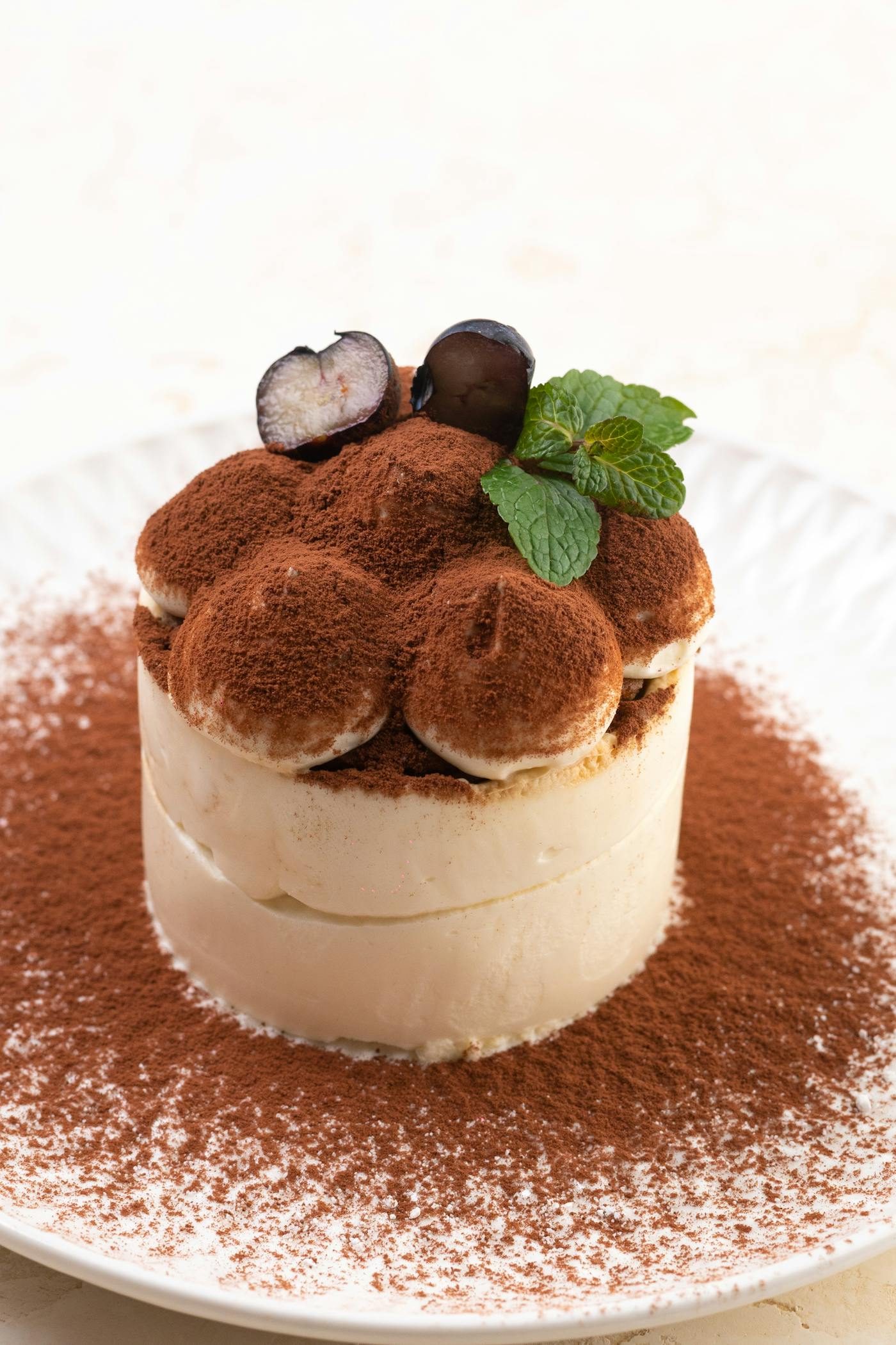 A dome of tiramisù dusted with cocoa, topped with chocolate curls